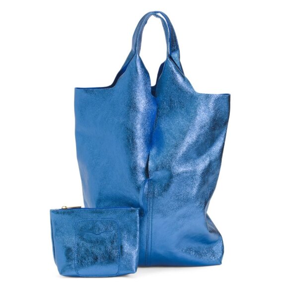MARLON Blue Made In Italy Leather Row Cut Slouchy Hobo Metallic - Picture 1 of 2